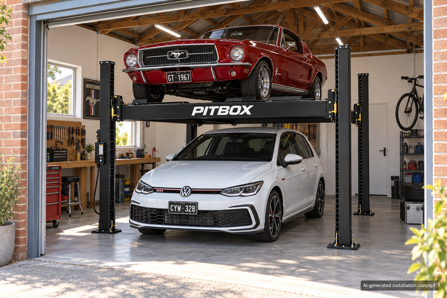 Illustrative PITBOX concept showing 1967 Mustang over a Golf GTI