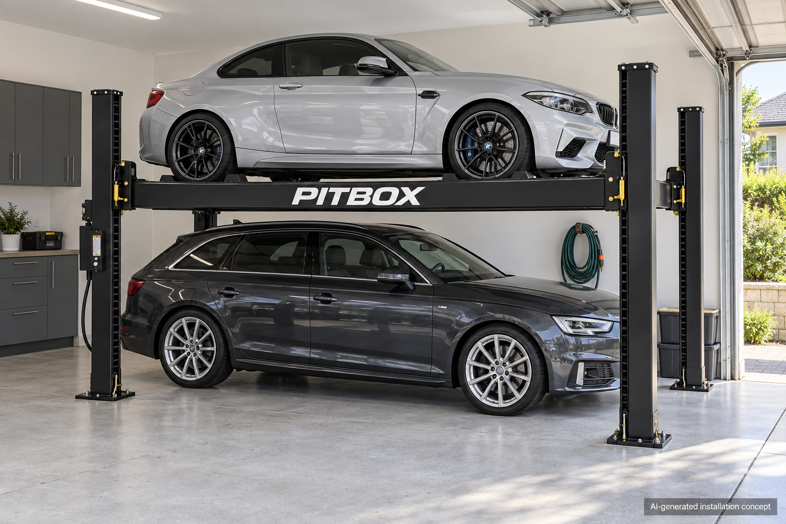 Illustrative PITBOX concept showing BMW M2 over an Audi A4
